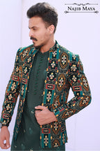 Green Multi Front Open Prince Coat For Men's