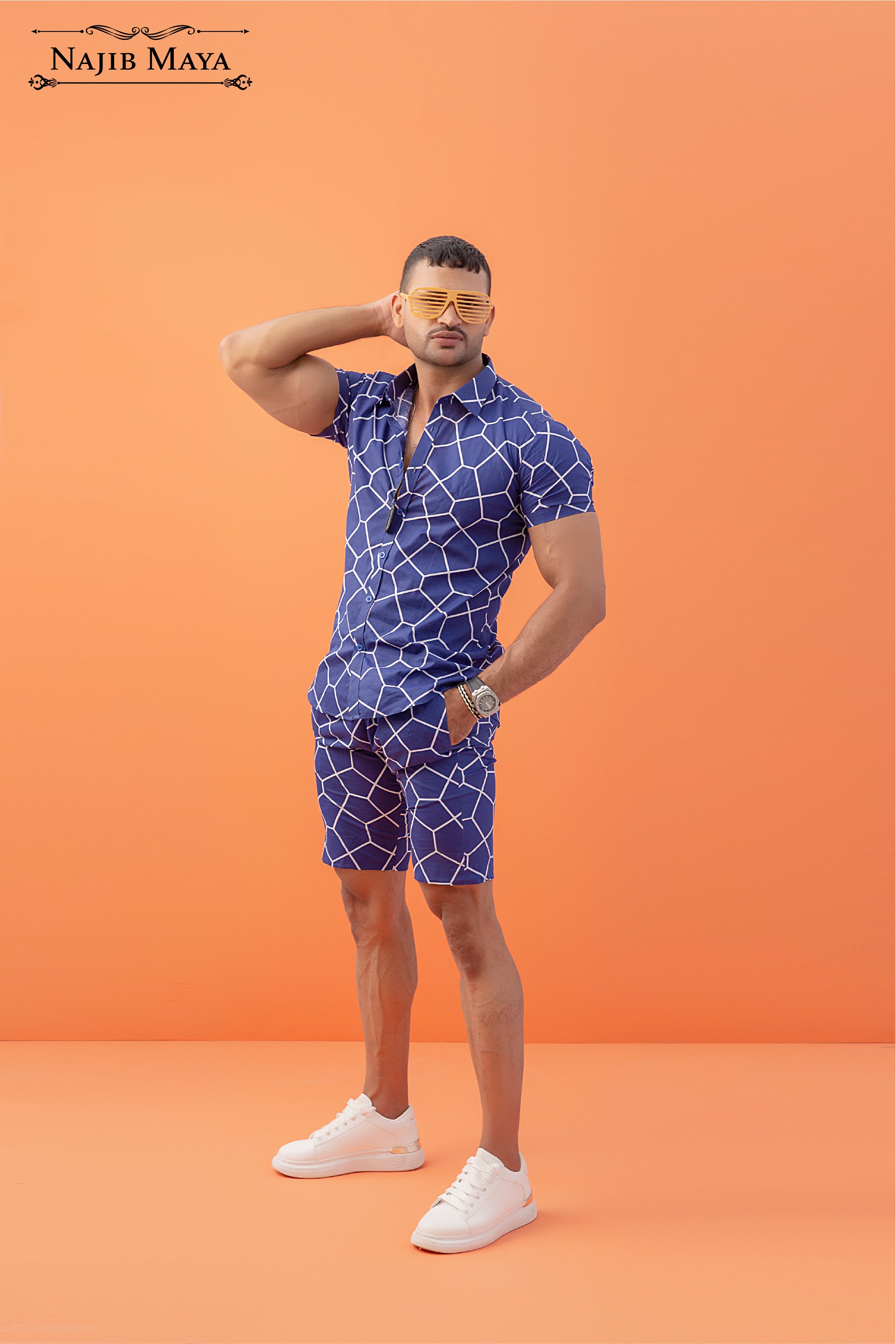 Royal Blue Printed Short & Shirt For Men's Main image