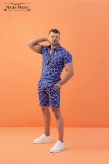 Royal Blue Printed Short & Shirt For Men's