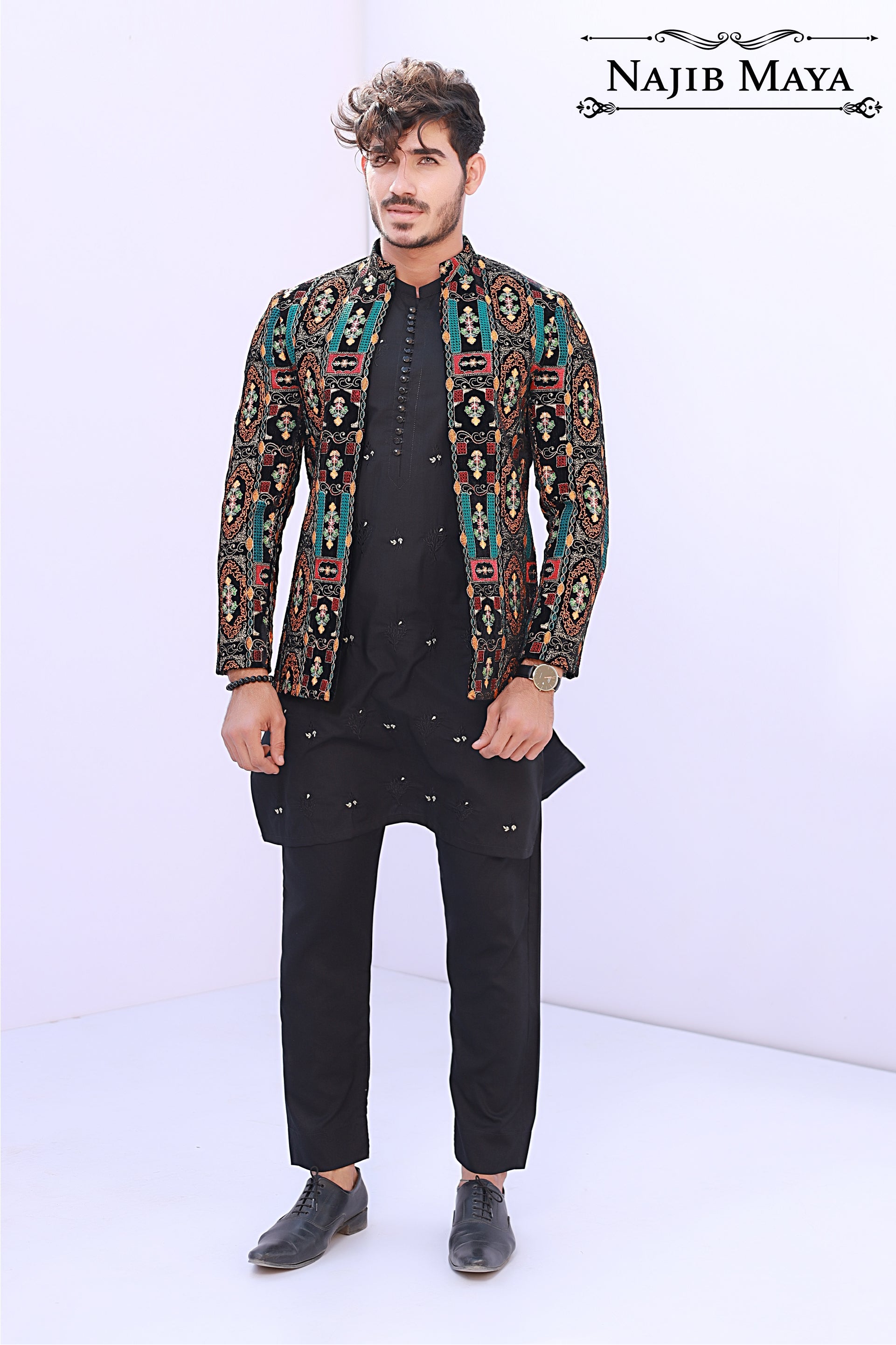 Black Multi Front Open Embroidery Prince Coat For Men's Secondary image