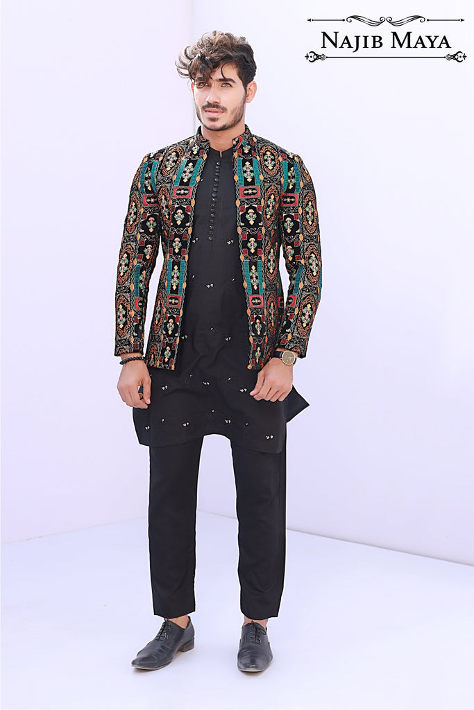 Black Multi Front Open Embroidery Prince Coat For Men's