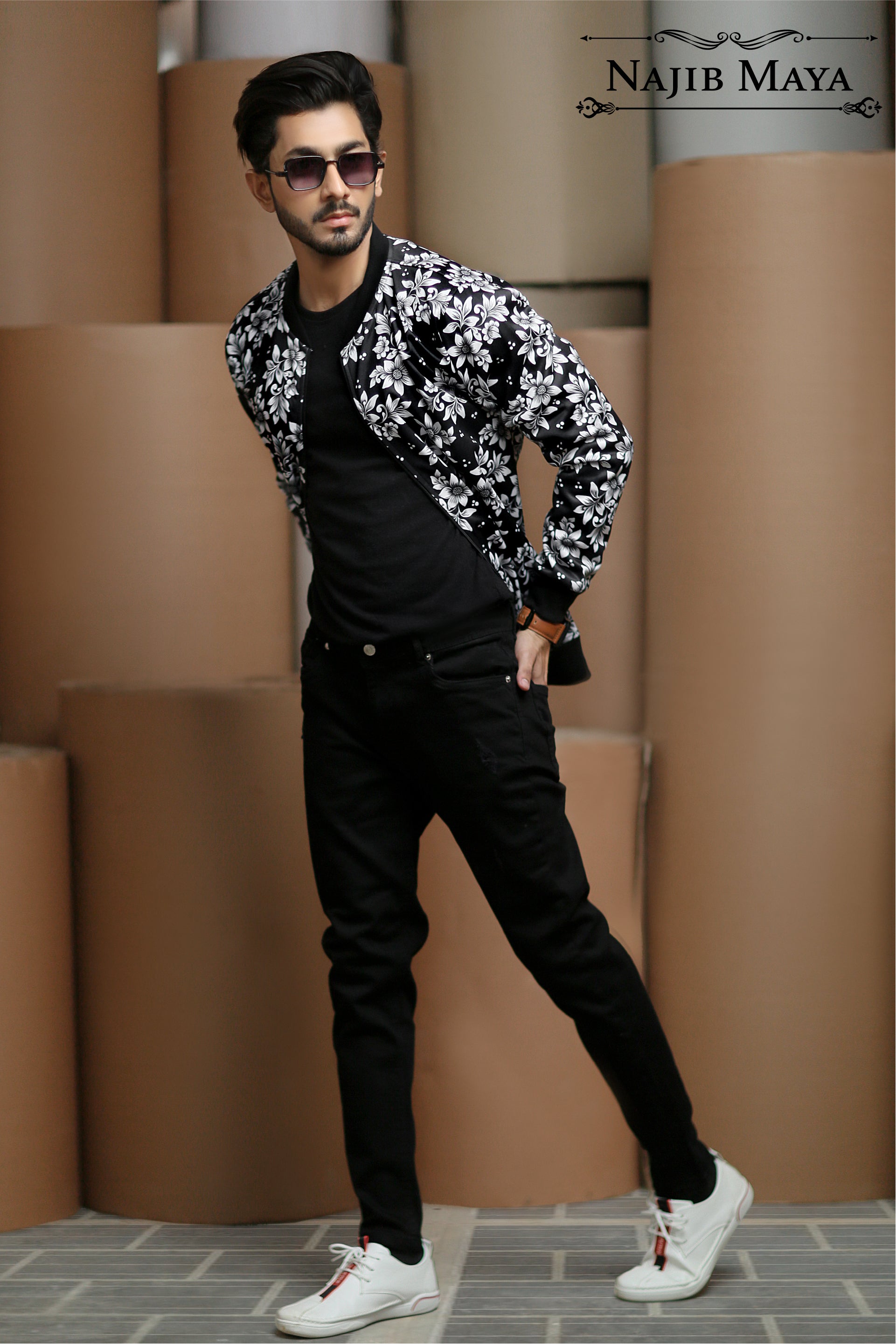 White Floral Bomber Jacket For Men's Secondary image