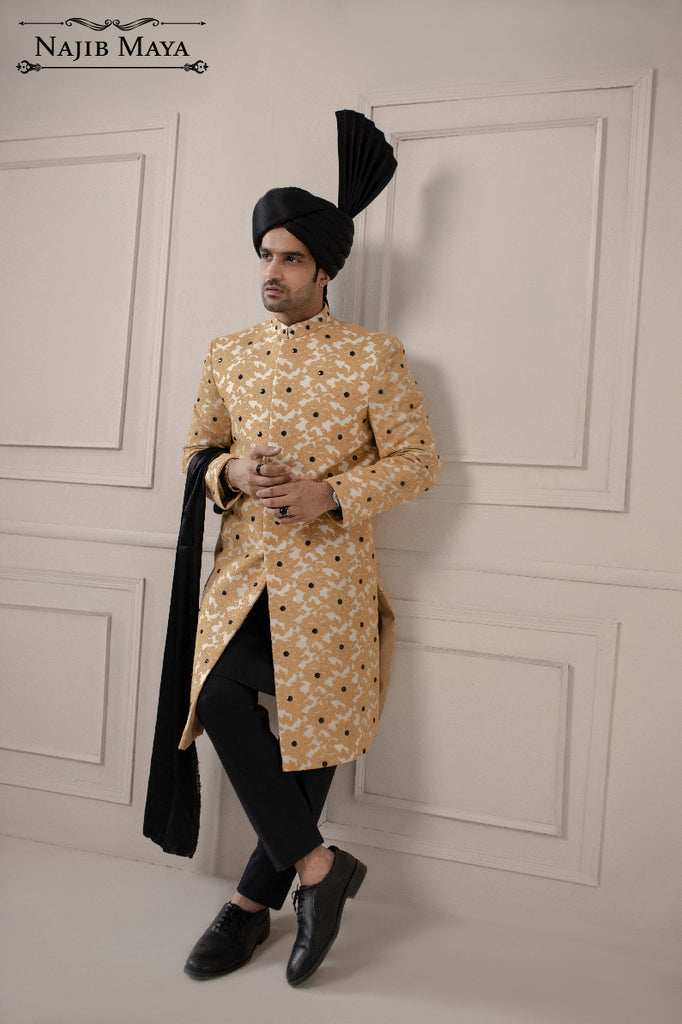 Golden With Black Dotted Embroidered Sherwani For Men's