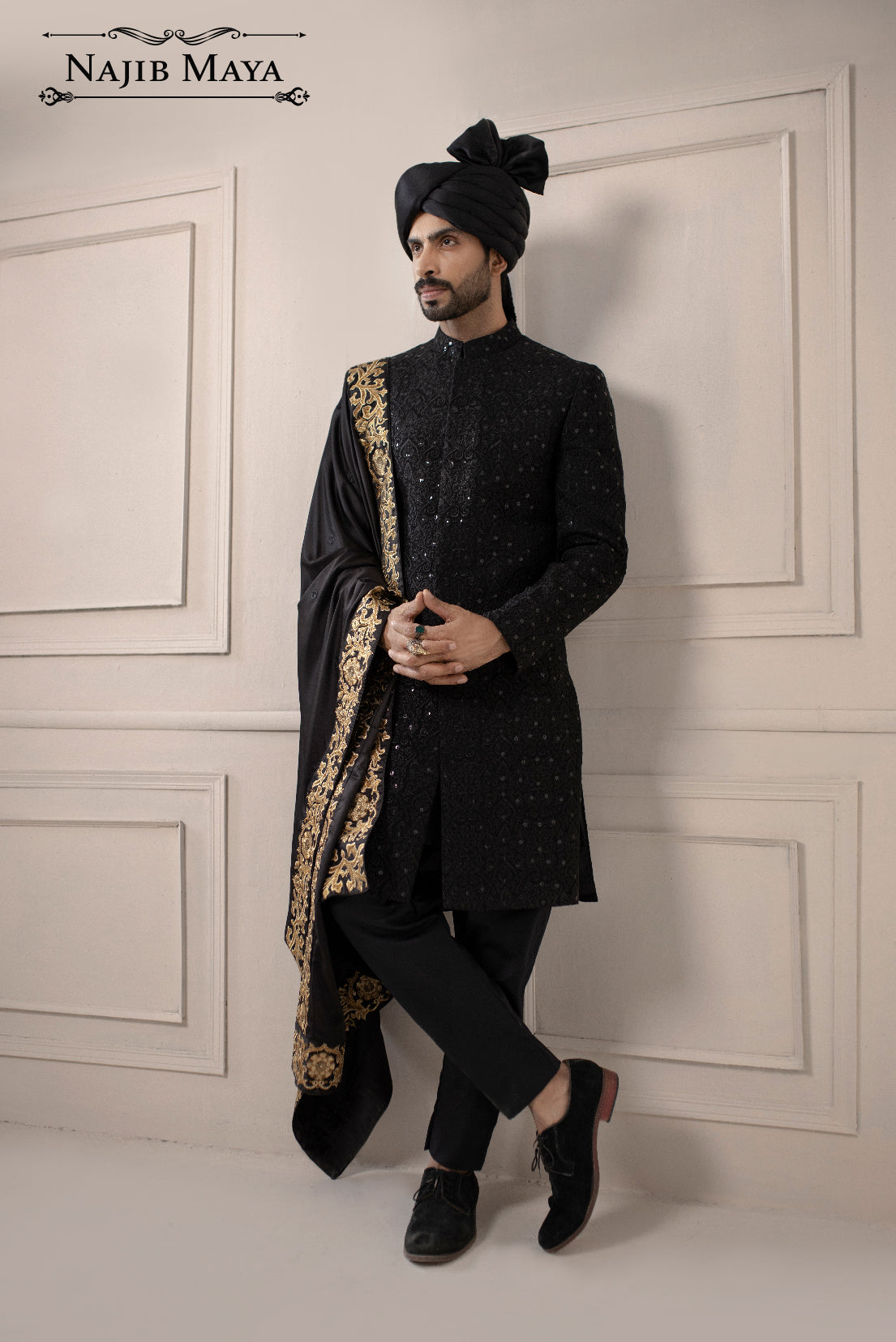 Black Embroidered Sherwani Jacket With Hand Touch For Men's Main image
