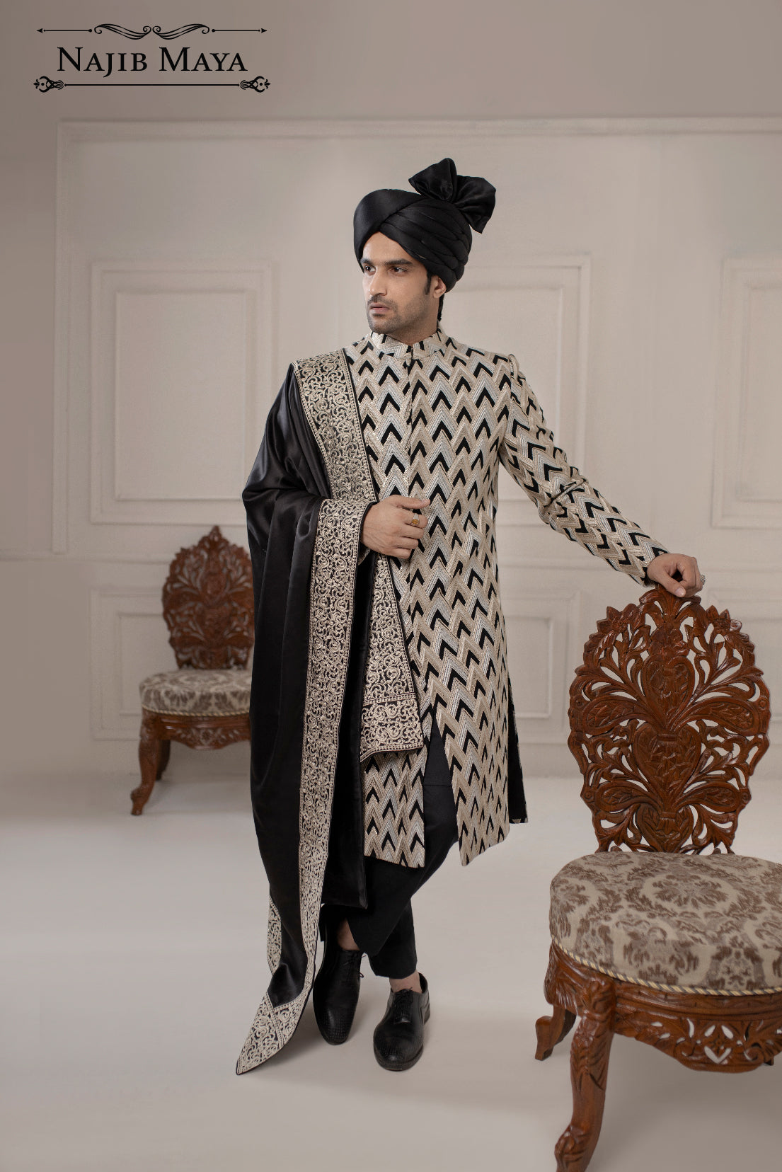 Greyish Black Embroidered Sherwani For Men's Main image