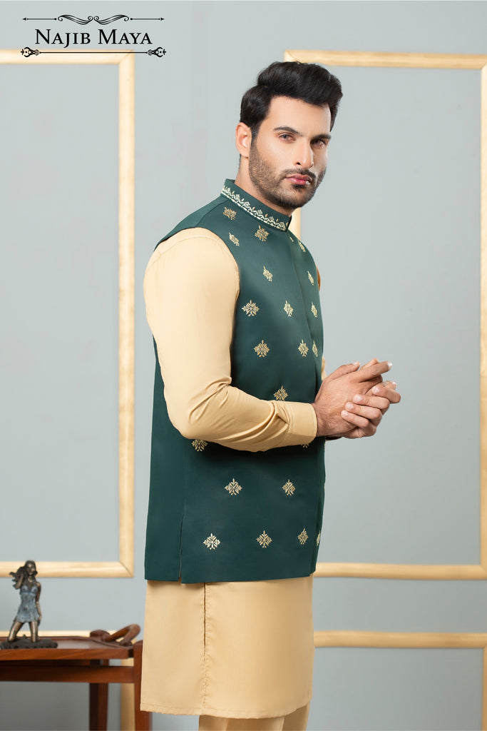 Green Embroidery Waist Coat For Men's