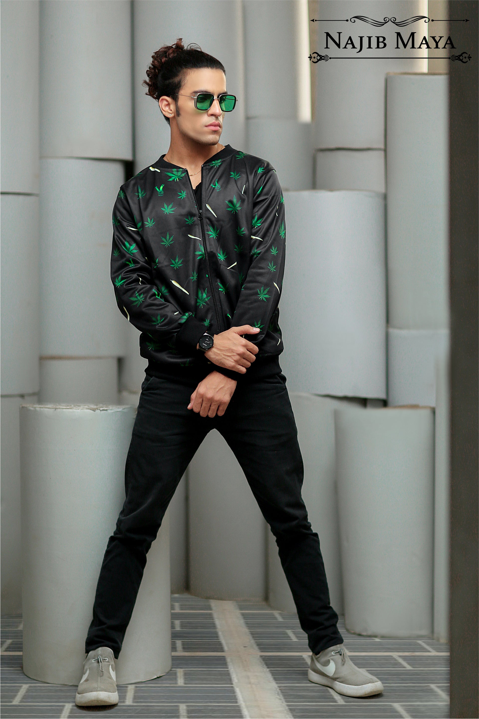 Green Neem Leaf Bomber Jacket For Men's Main image