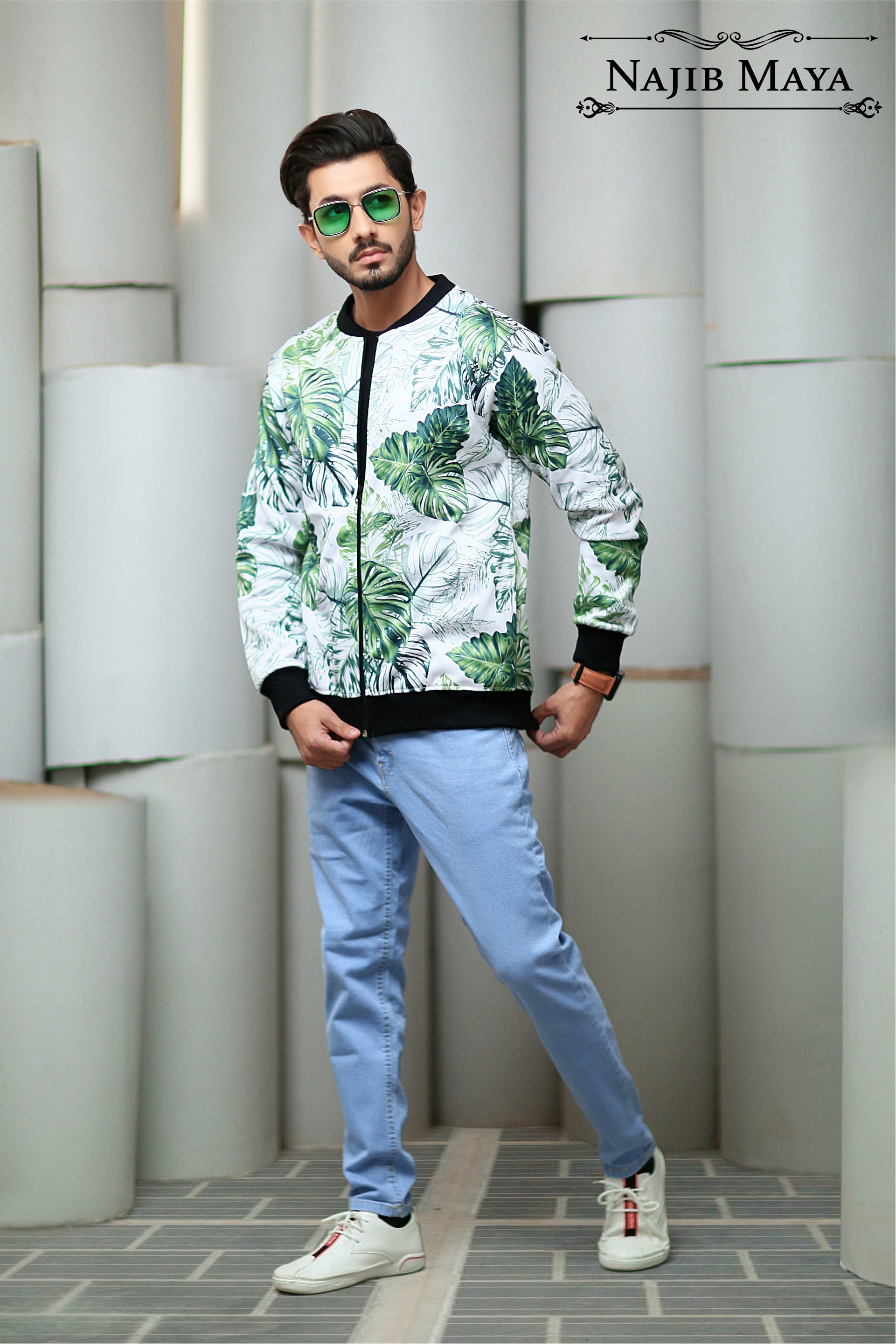 Green O White Bomber Jacket For Men's Secondary image