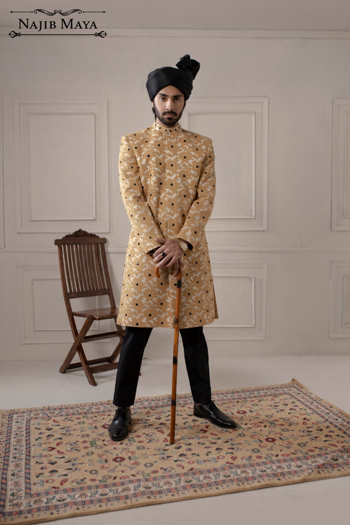 Golden & Black Dotted Embroidery Sherwani For Men's