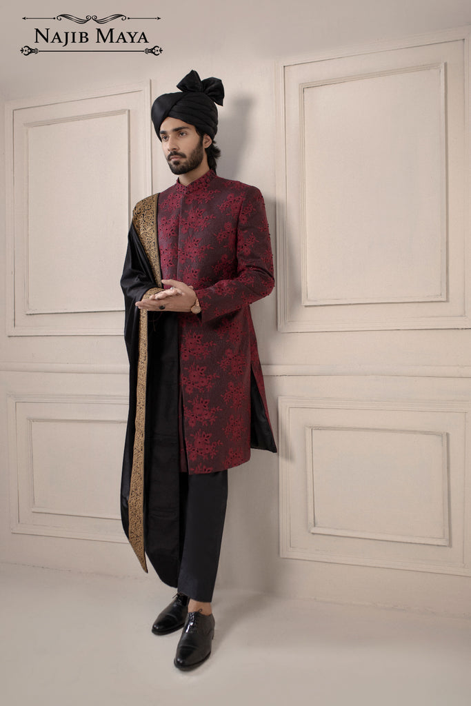 Maroon Hand Work Embroidered Sherwani  For Men's