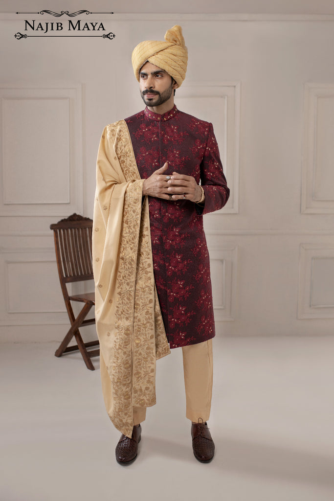 Maroon Hand Work Embroidered Sherwani For Men's