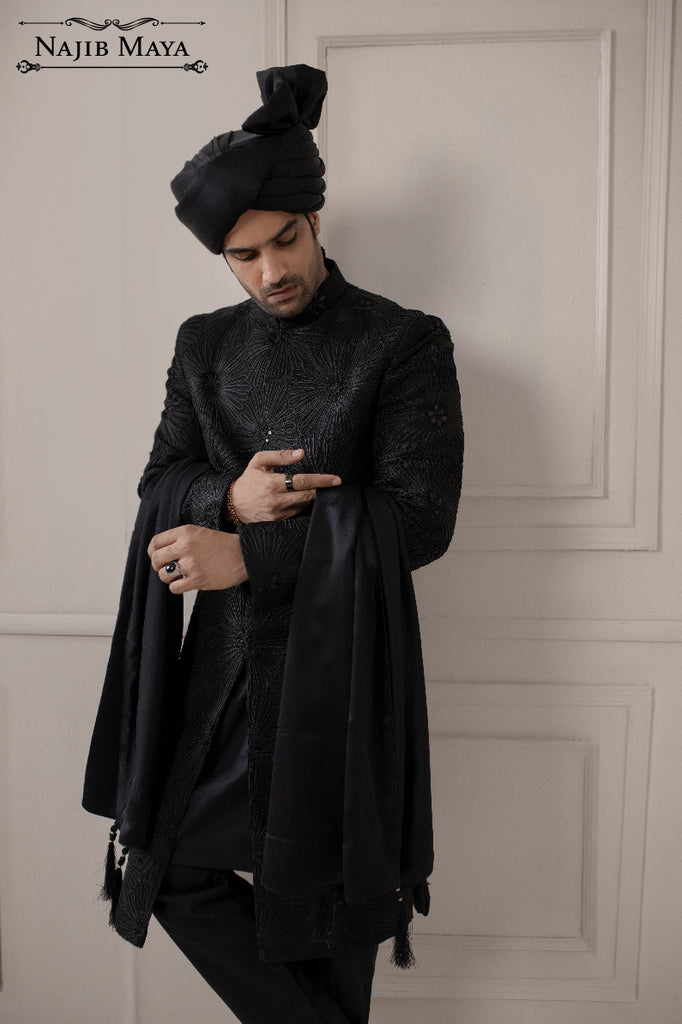 Black Dowry Embroidered Jacket Sherwani For Men's