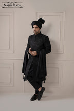 Black Dowry Embroidered Jacket Sherwani For Men's