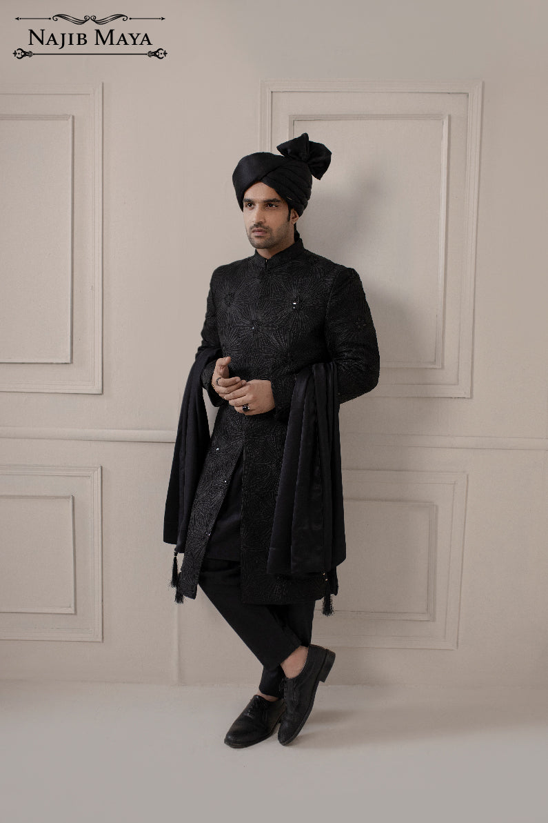 Black Dowry Embroidered Jacket Sherwani For Men's