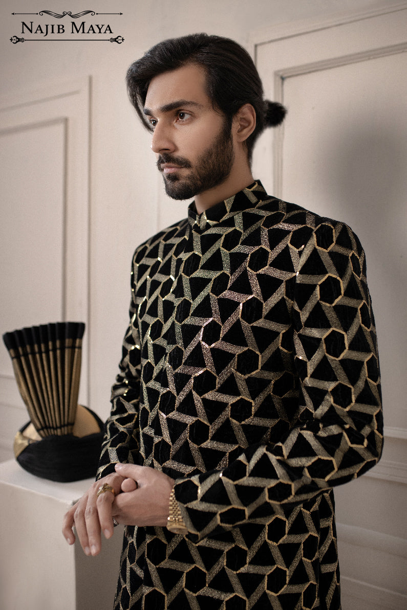 Black Trigon Embroidered Sherwani For Men's Secondary image