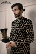Black Trigon Embroidered Sherwani For Men's