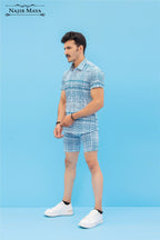 Blue Printed Casual Short & Shirt For Men's