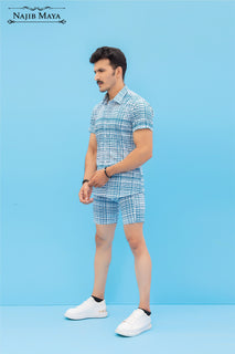 Blue Printed Casual Short & Shirt For Men's