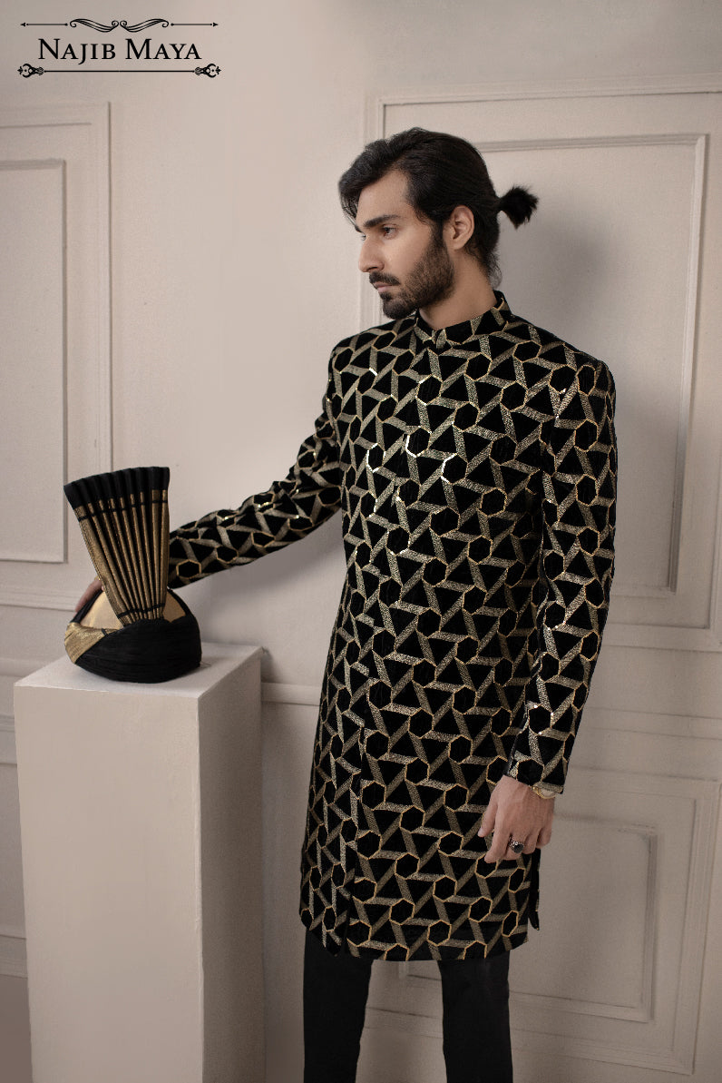 Black Trigon Embroidered Sherwani For Men's