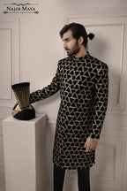 Black Trigon Embroidered Sherwani For Men's