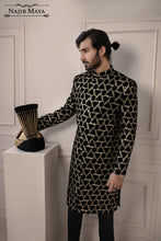 Load image into Gallery viewer, Black Trigon Embroidered Sherwani For Men&#39;s