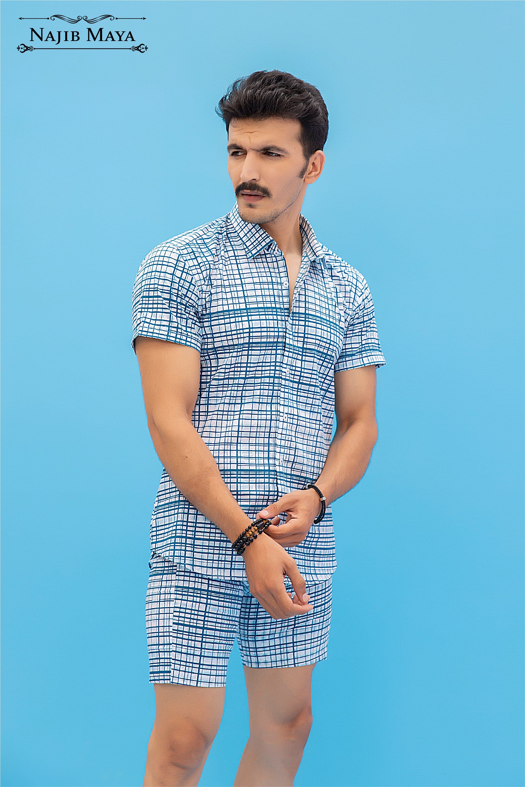 Blue Printed Casual Short & Shirt For Men's Secondary image