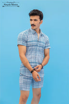 Blue Printed Casual Short & Shirt For Men's