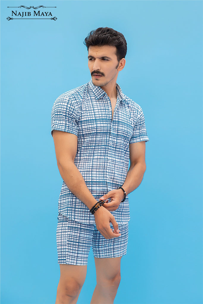 Blue Printed Casual Short & Shirt For Men's