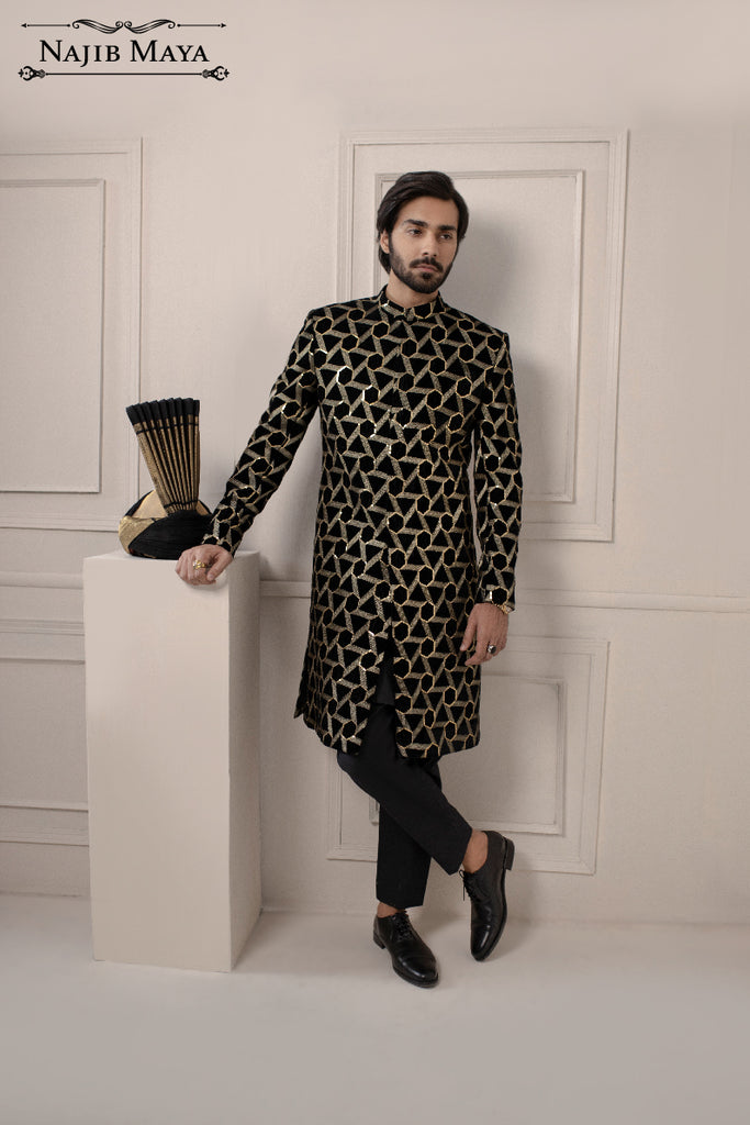 Black Trigon Embroidered Sherwani For Men's