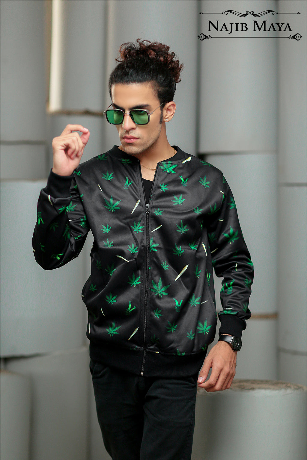 Green Neem Leaf Bomber Jacket For Men's