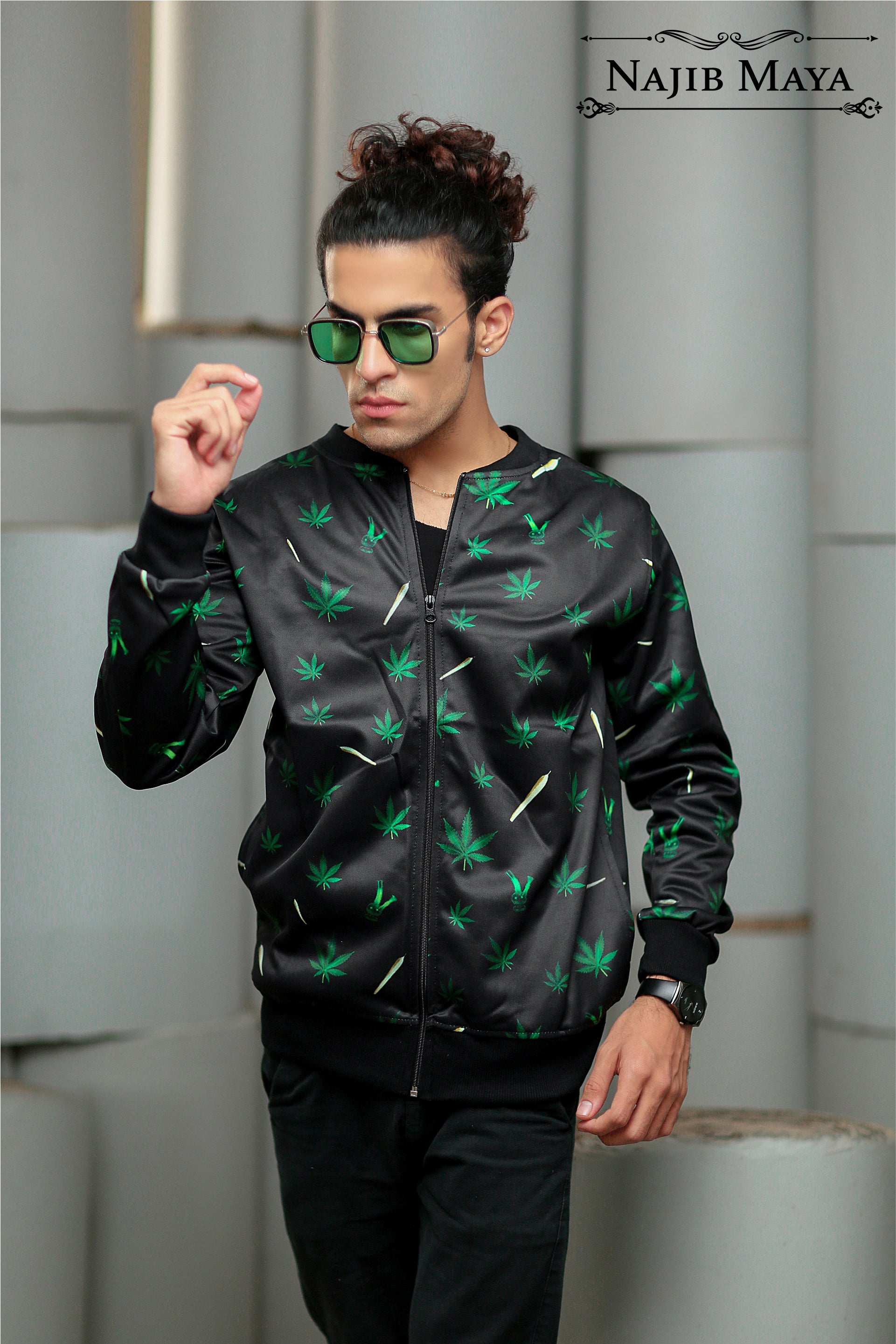 Green Neem Leaf Bomber Jacket For Men's