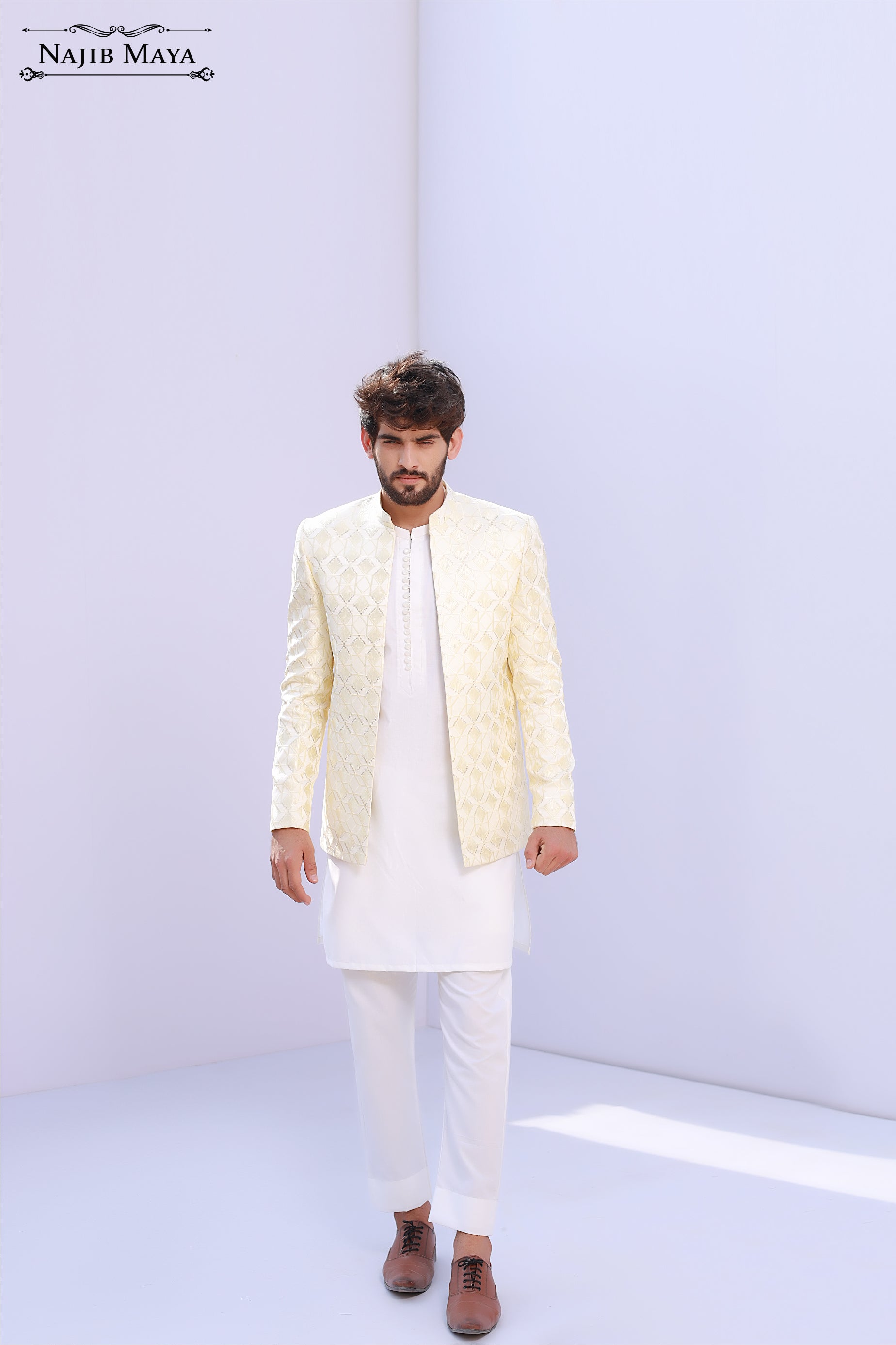 Off White Front Open Sequence Emboridery Prince Coat For Men's
