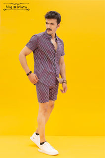 Purple Printed Casual Shirt & Shorts For Men's
