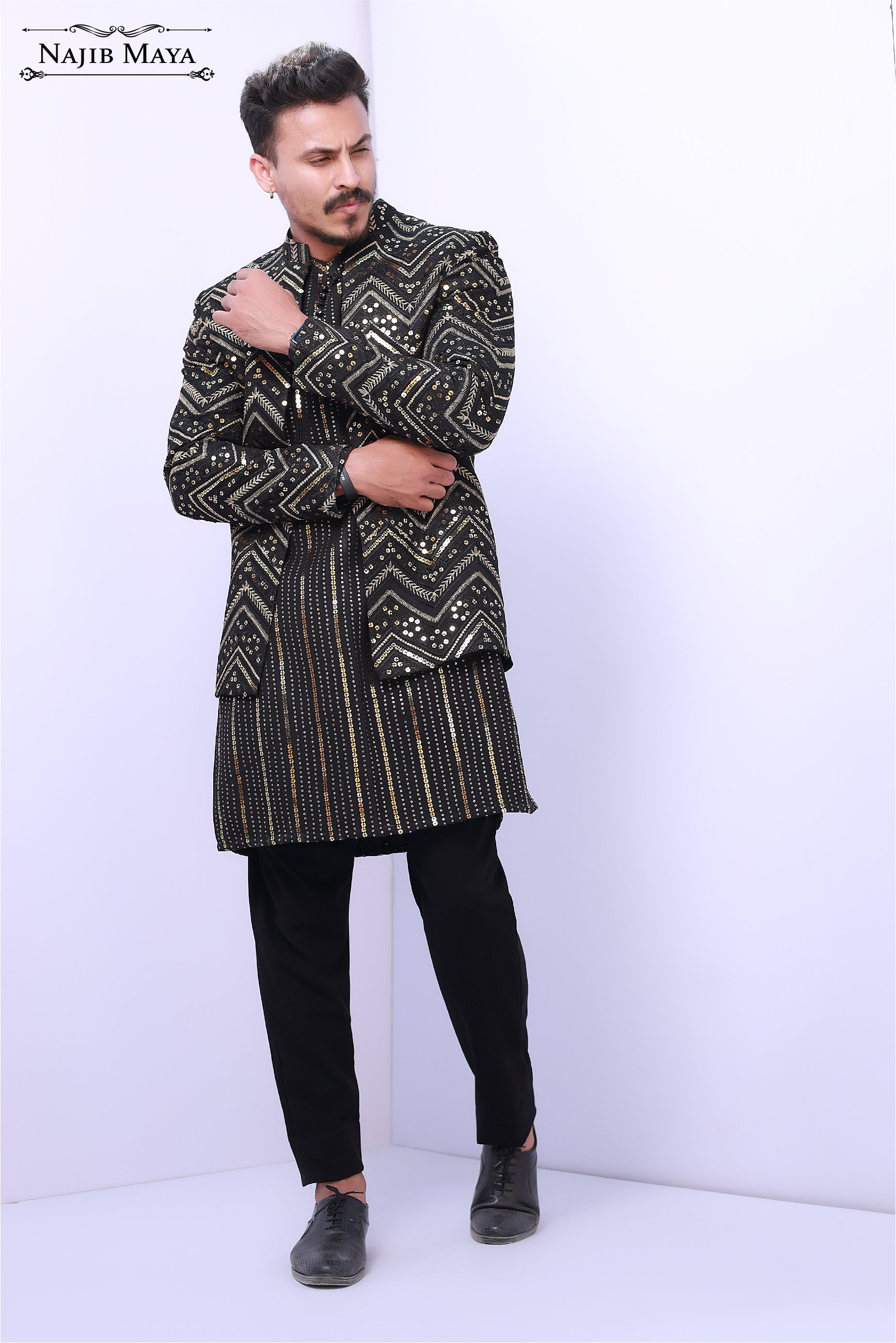 Black Sequence Prince Coat For Men's Secondary image