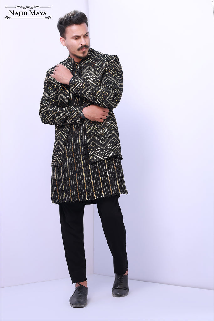 Black Sequence Prince Coat For Men's