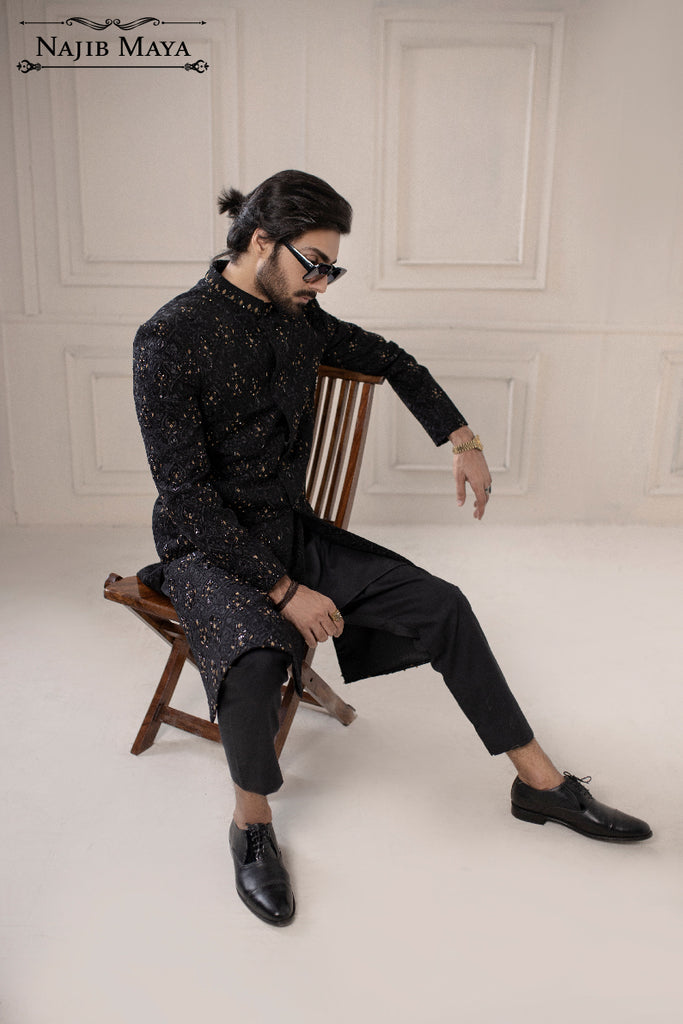 Black Embroidery Sherwani With Handwork For Men's