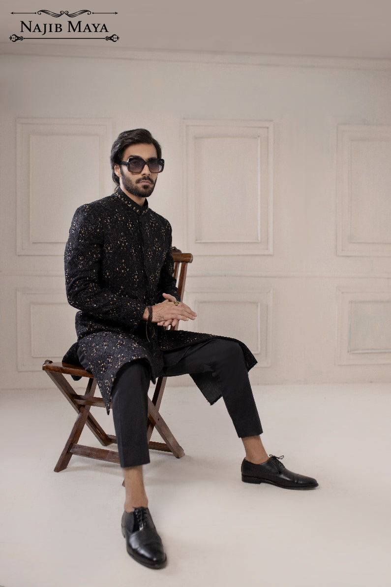 Black Embroidery Sherwani With Handwork For Men's Secondary image