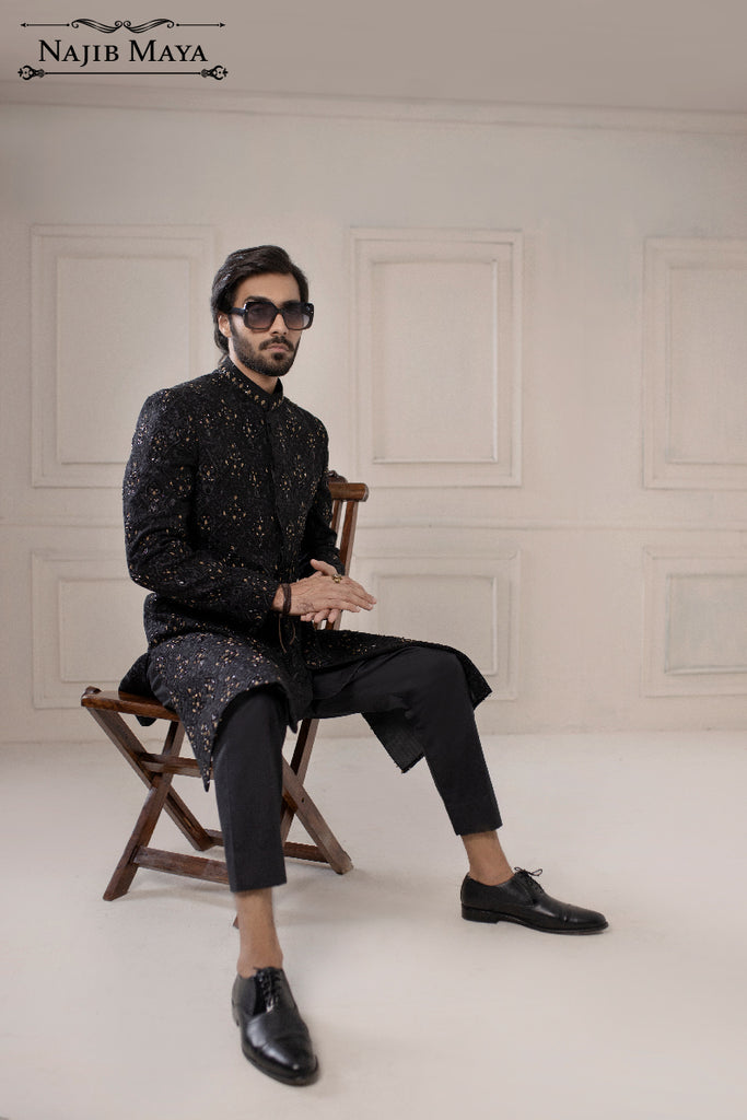 Black Embroidery Sherwani With Handwork For Men's