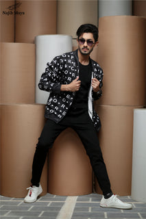 Black Alphabet Bomber Jacket For Men's