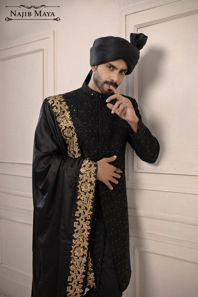 Black Embroidered Sherwani Jacket With Hand Touch For Men's