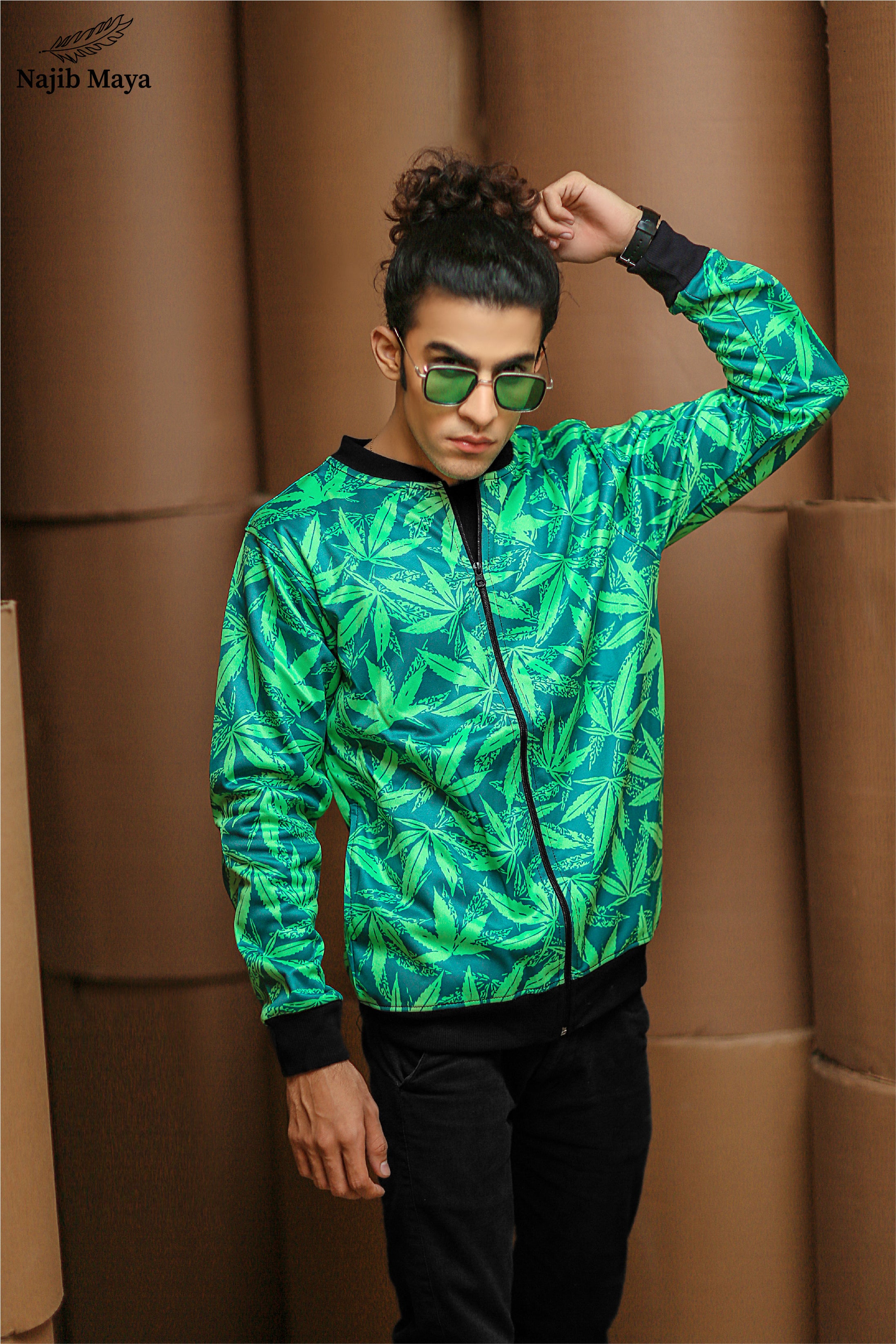 Green Leaf Bomber Jacket For Men's Main image