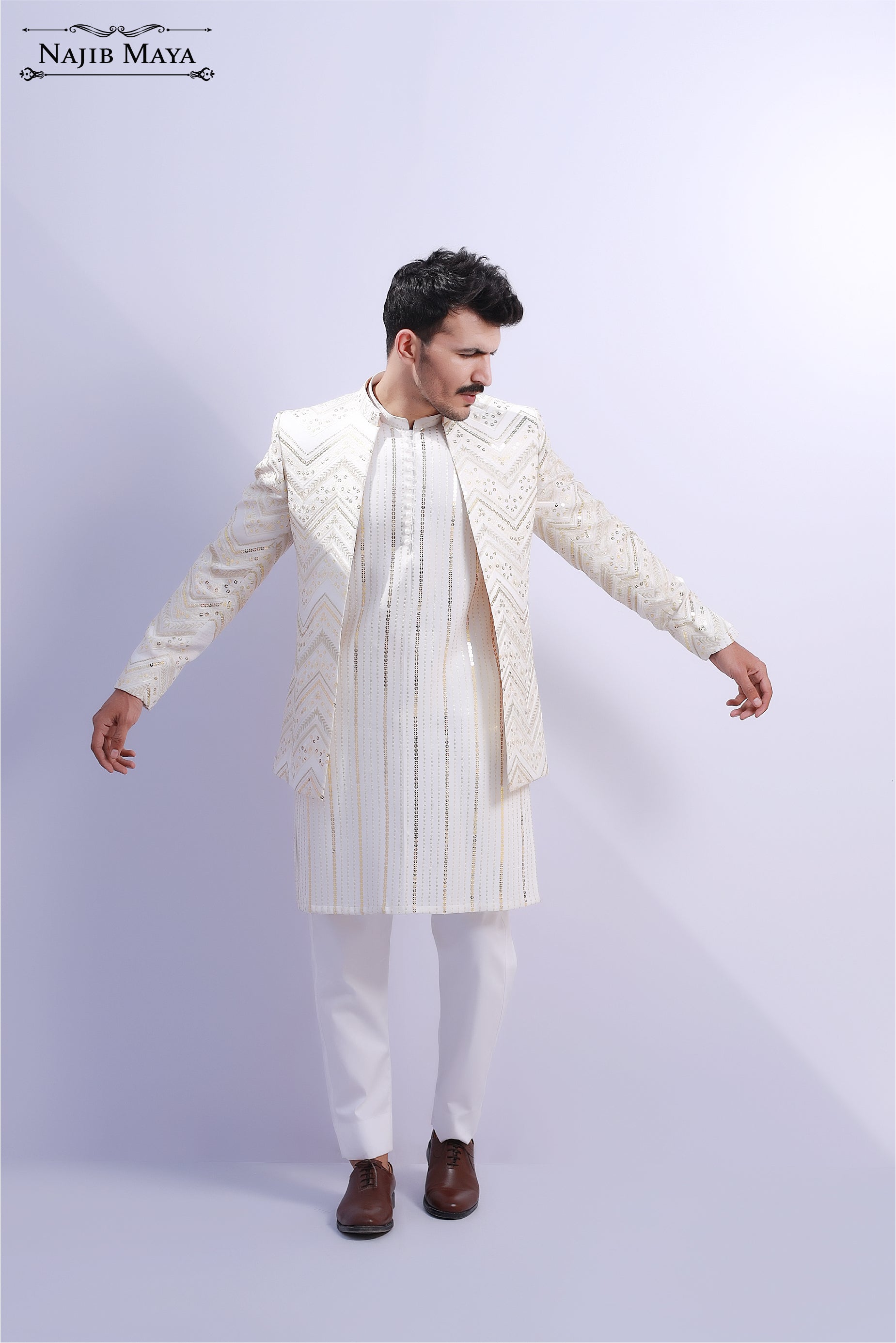 White Stylish Sequence Prince Coat For Men's Secondary image