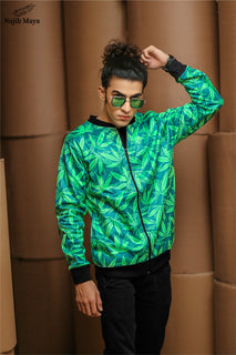 Green Leaf Bomber Jacket For Men's