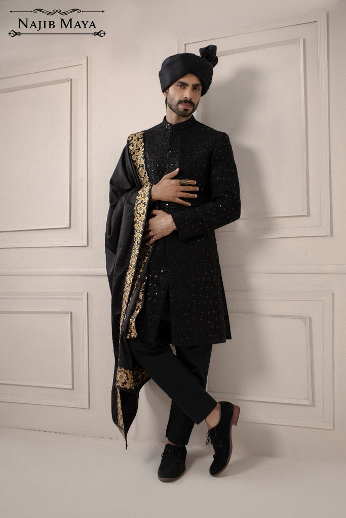 Black Embroidered Sherwani Jacket With Hand Touch For Men's