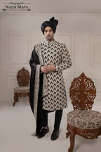Greyish Black Embroidered Sherwani For Men's