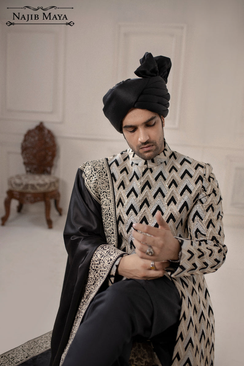 Greyish Black Embroidered Sherwani For Men's Secondary image