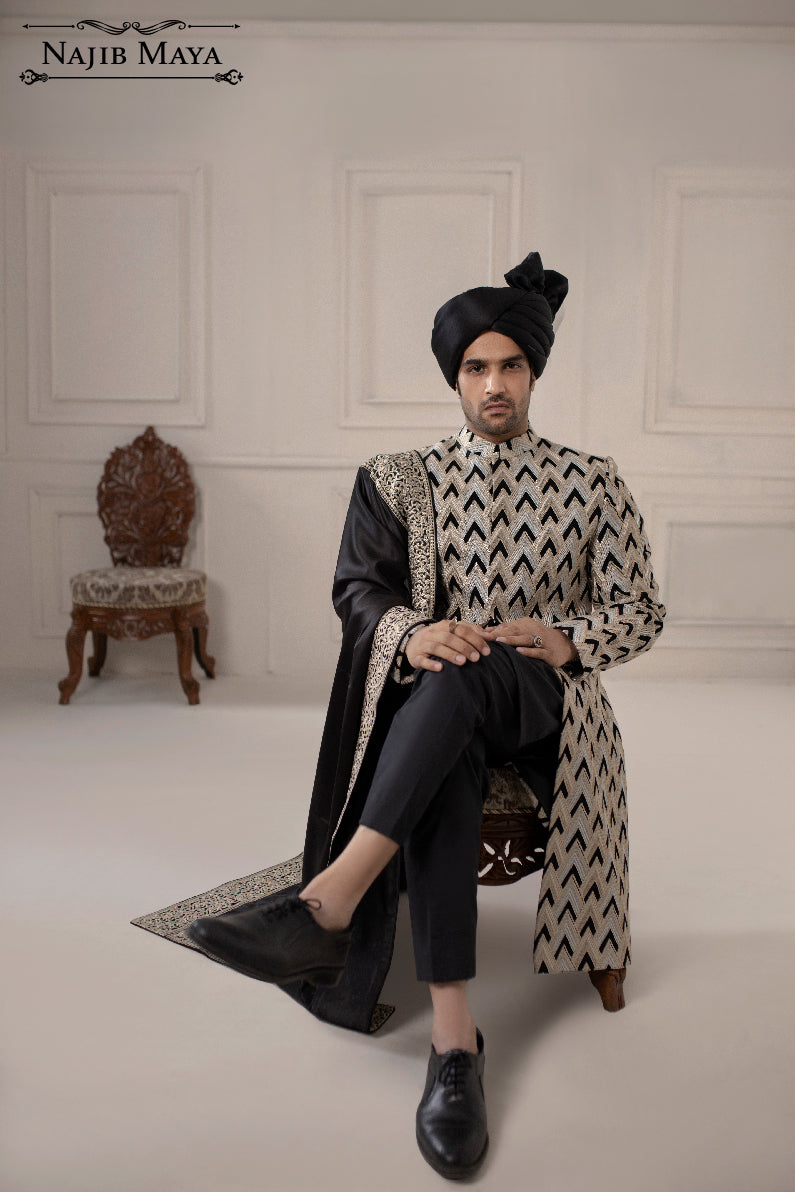Greyish Black Embroidered Sherwani For Men's