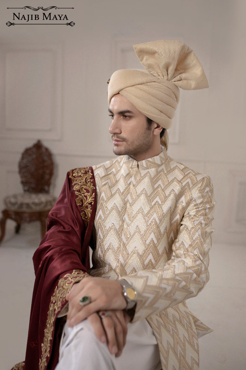 Classic Off & Cream Embroidered Sherwani For Men's Secondary image