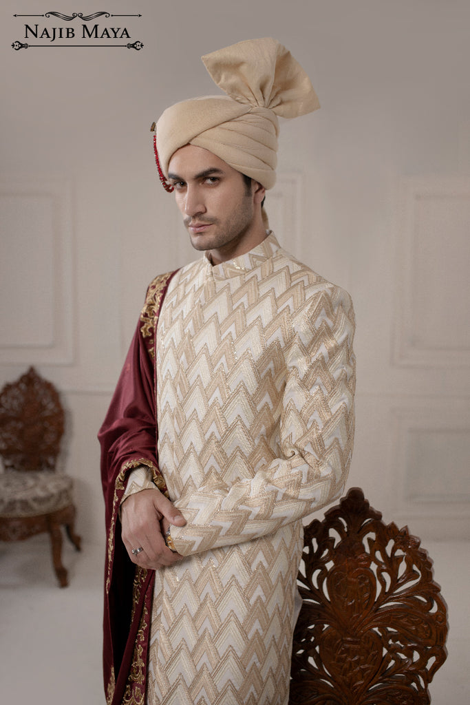 Classic Off & Cream Embroidered Sherwani For Men's