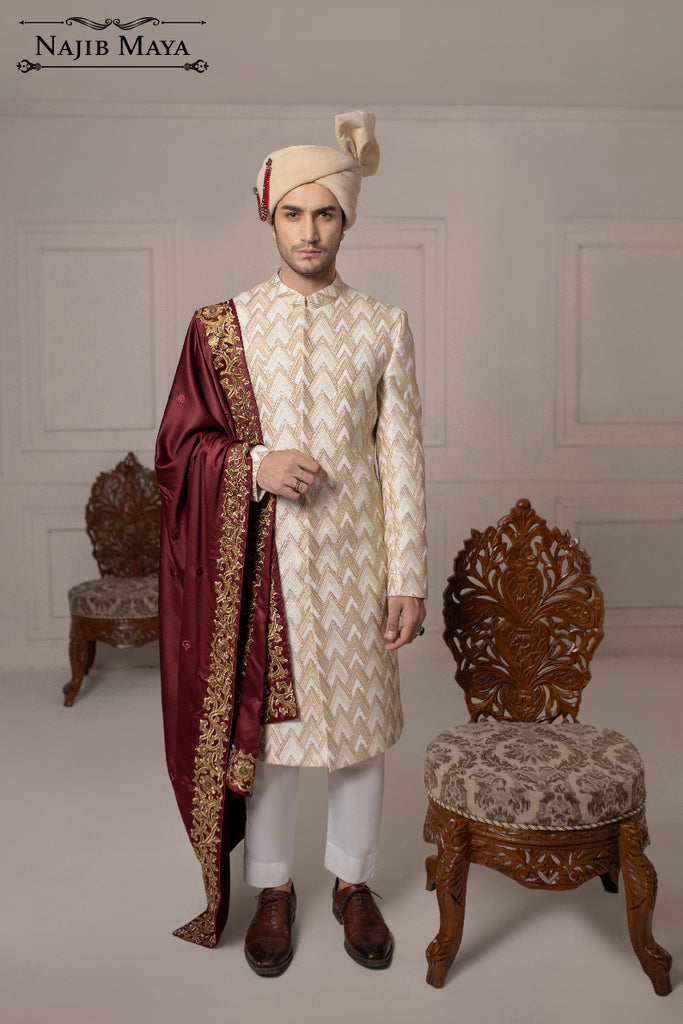 Classic Off & Cream Embroidered Sherwani For Men's